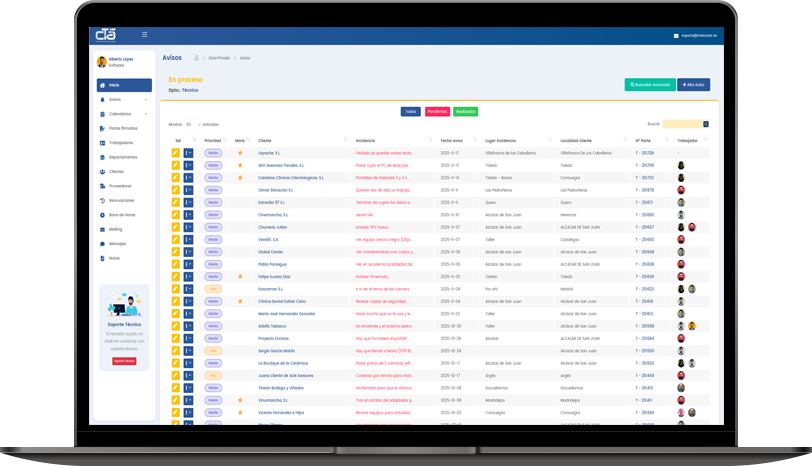 Pantalla del software de gestión de avisos mostrando el listado de incidencias