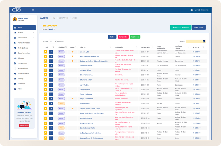 Captura de pantalla del software de gestión de avisos - Listado de incidencias