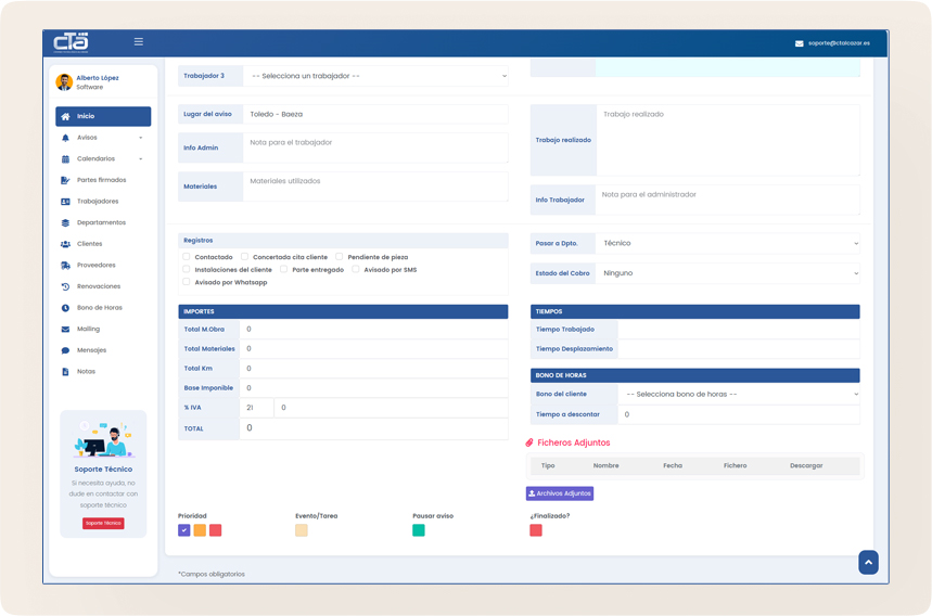 Captura de pantalla del software de gestión de avisos - Detalle de aviso