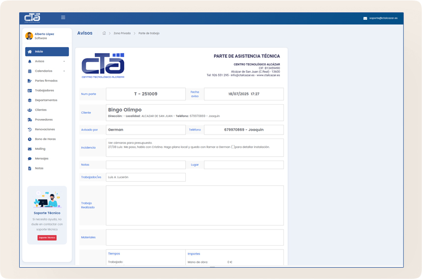 Captura de pantalla del software de gestión de avisos - Estadísticas