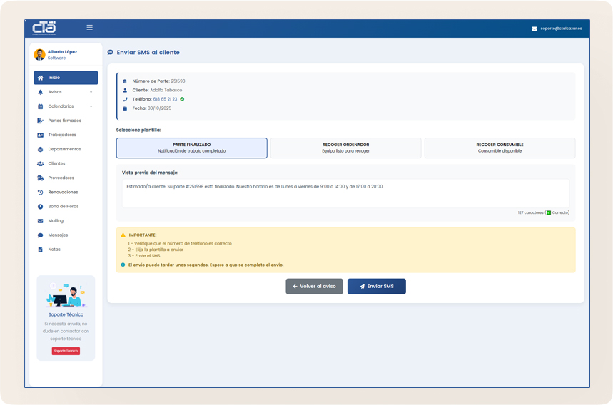 Captura de pantalla del software de gestión de avisos - Gestión de usuarios